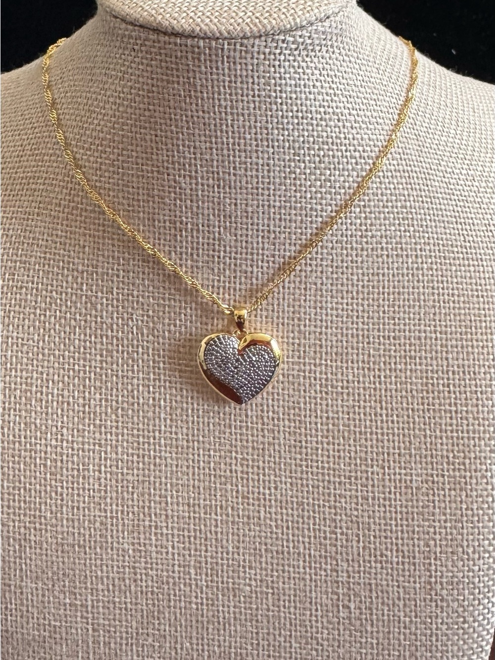 SS Gold Tone Heart Pendant Necklace with Pavé Silver Accents